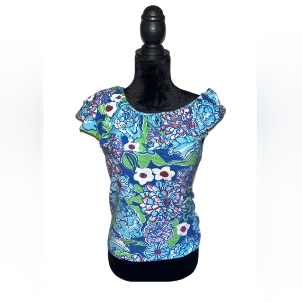 Lilly Pulitzer Blue Ruffled Cap Sleeve Blouse - Picture 2 of 5